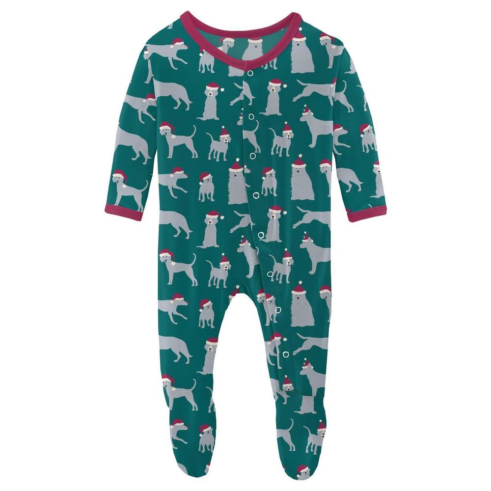 NEW KICKEE kids' print footie with snaps in cedar santa dogs